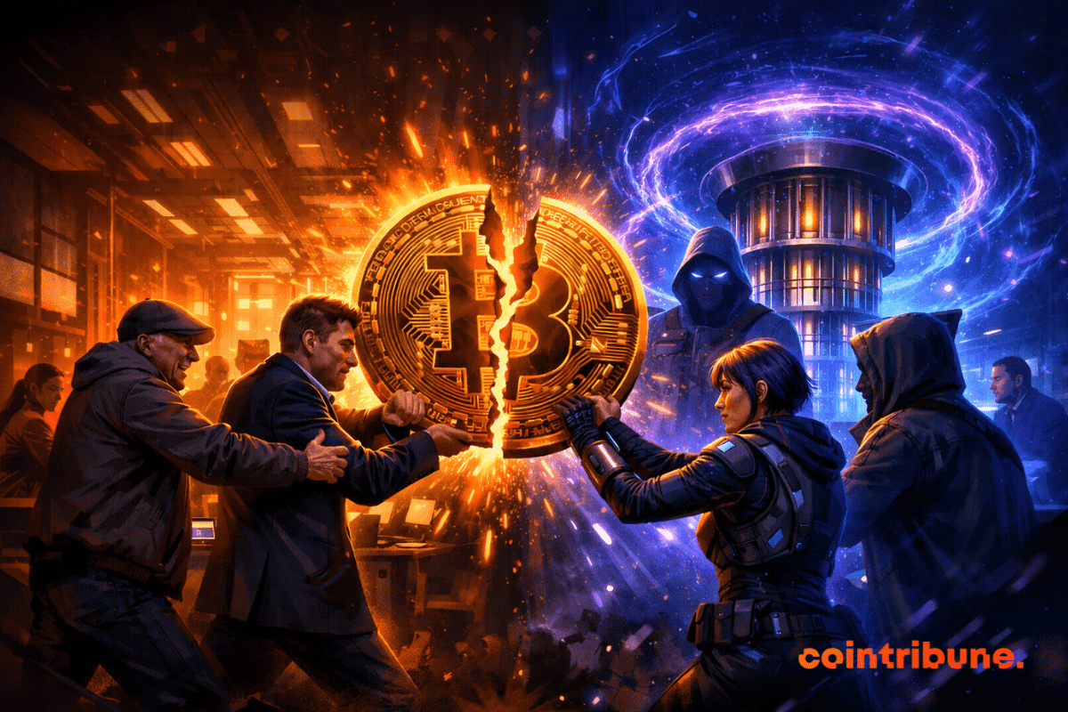 Illustration dramatique du conflit autour de BIP-360, où Bitcoin fait face à la menace des ordinateurs quantiques.