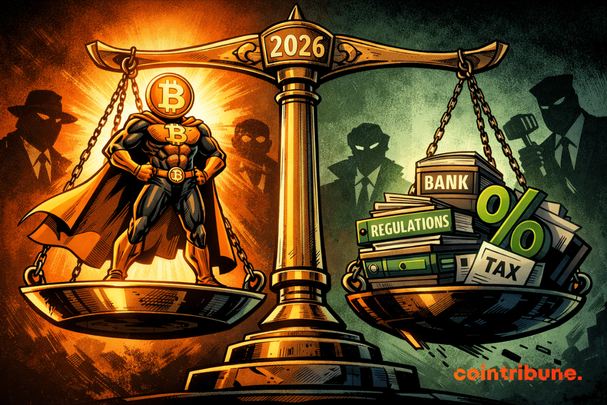 Un super-héros Bitcoin défie une balance déséquilibrée, face à des forces financières obscures symbolisées par lois, banques et taxes.