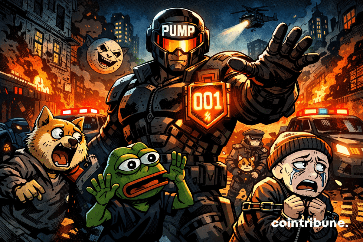 Un agent futuriste imposant, portant une armure noire marquée "PUMP" et un badge lumineux "001", arrête de la main une foule de personnages memecoins crypto en panique, dont Doge, Pepe et Wojak.