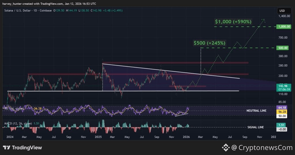 SOL USD 1-day chart, year-long descending triangle. Source: TradingView.