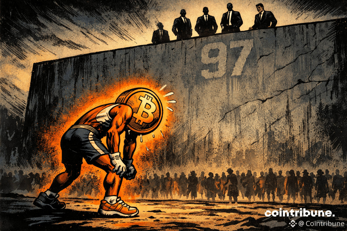 Bitcoin épuisé s’arrête devant un mur infranchissable, observé par des institutionnels impassibles, tandis que la foule hésitante reste à distance.