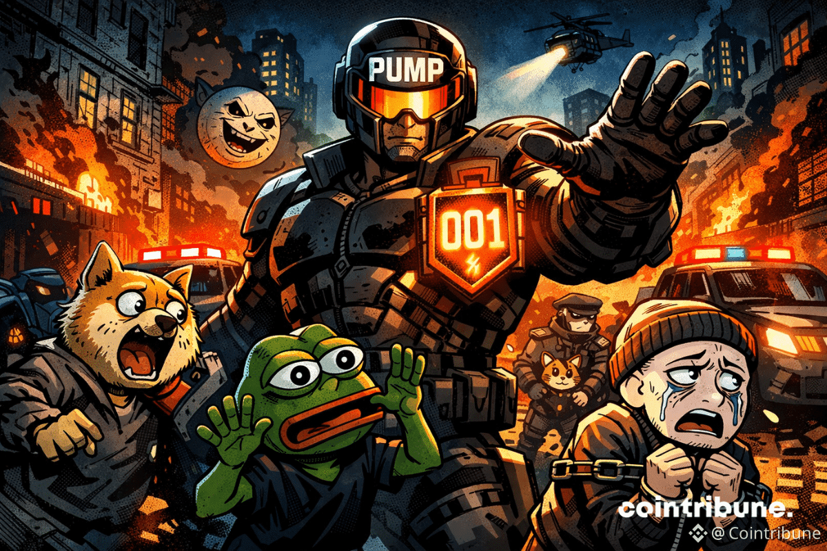 Un agent futuriste imposant, portant une armure noire marquée "PUMP" et un badge lumineux "001", arrête de la main une foule de personnages memecoins crypto en panique, dont Doge, Pepe et Wojak.
