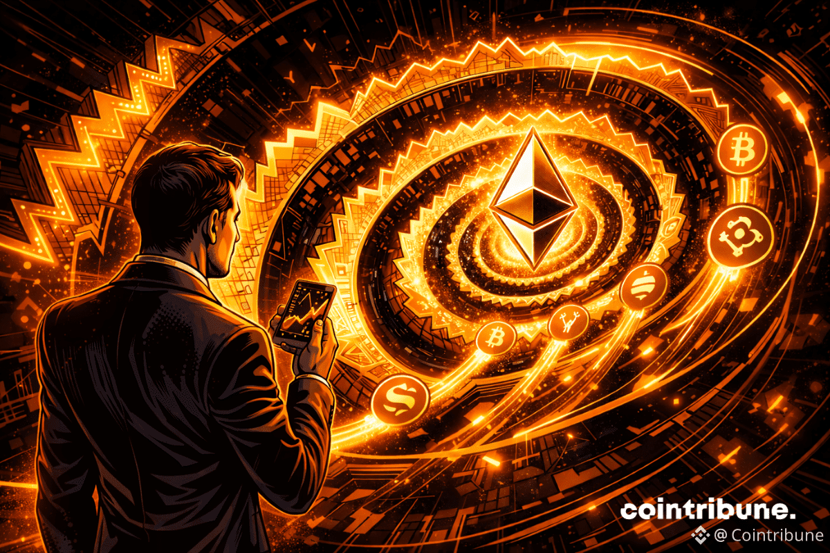 Au centre d’une spirale, un symbole de la crypto Ethereum lumineux agit comme point d’ancrage, tandis que des symboles d’altcoins stylisés suivent la trajectoire.